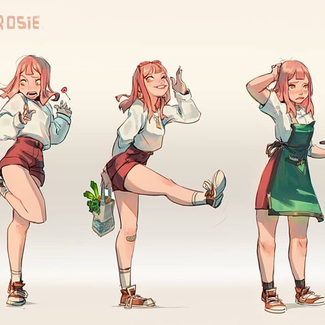 three cartoon girls, all with pink hair, are drawn in different poses. the girl on the left is wearing a white shirt, red shorts, and white shoes, and she's holding a grocery bag. the girl in the middle is wearing a white shirt, red shorts, and white shoes, and her right leg is extended out. the girl on the right is wearing a white shirt, red shorts, and white shoes. she is also wearing a green apron. all three girls are smiling.
