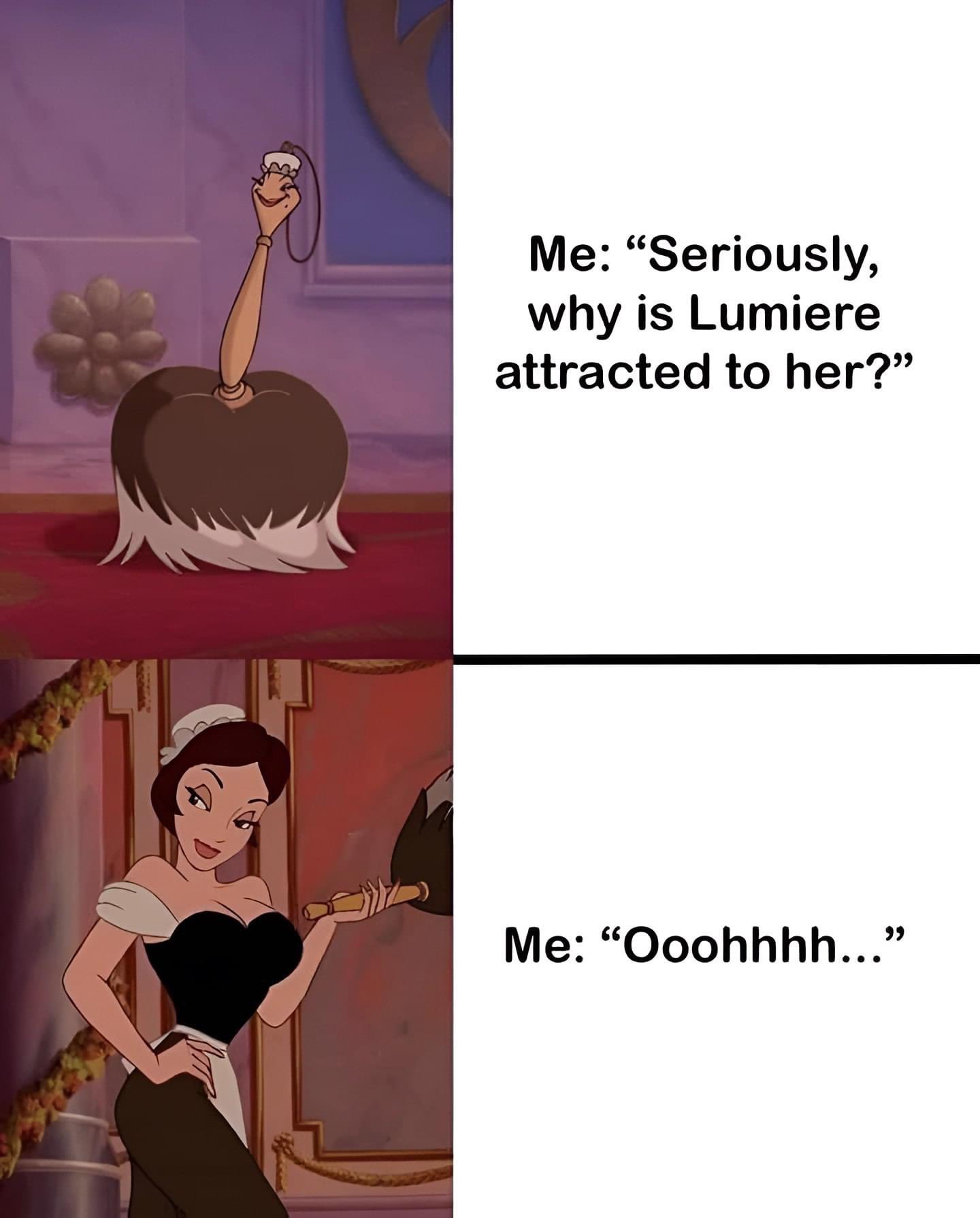 a meme format with two panels. the top panel shows the dustcleaning character lumiere from beauty and the beast. the top panel has text that states, "seriously, why is lumiere attracted to her?". the bottom panel shows a maid from the beauty and the beast. the bottom panel has text that states, "ooohhhh...". the meme implies that even a person like lumiere, who is inanimate, can be attracted to women.