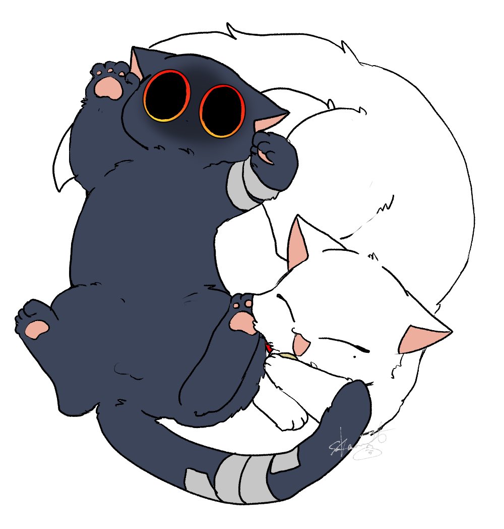 a black and white cat are curled up together, their tails intertwining to form a yin yang symbol. the black cat is on top of the white cat, with its face buried in the white cat's fur. the white cat is looking up at the viewer with its eyes closed and a big smile on its face. the two cats are drawn in a cartoon style with bright colors and simple lines.