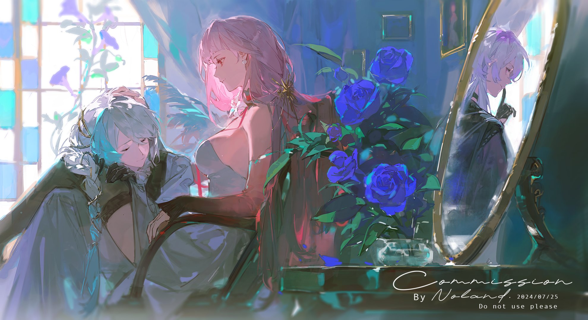 the image showcases two women in a room bathed in soft, ethereal light. the focal point is a pinkhaired woman in an elegant, revealing red dress. she sits gracefully, her head turned away from the viewer, while gently touching the hair of a silverhaired woman leaning against her. this woman, dressed in a white, flowing gown, seems lost in thought with her eyes closed.  a  bouquet of vibrant blue roses rests on an ornate table in the foreground, positioned before an antiquelooking mirror. the mirror reflects the silverhaired woman's image, adding a layer of depth and introspection to the scene. a tall window adorned with delicate flowers allows soft sunlight to stream in, illuminating the room with a warm, dreamlike quality. the overall atmosphere exudes tranquility and a sense of quiet intimacy.