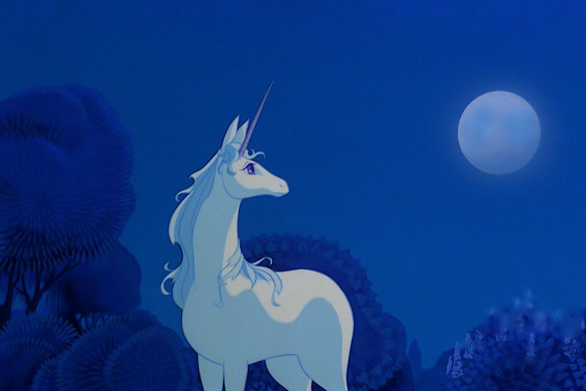 a white unicorn stands in a dark blue forest at night, staring at a full moon. the unicorn is silhouetted against the night sky, with only its horn and mane visible. the forest is dark and mysterious, with tall trees and dense foliage. the moon is large and bright, casting a soft glow over the scene. the image is evocative of fantasy and magic, and suggests a sense of peace and tranquility.