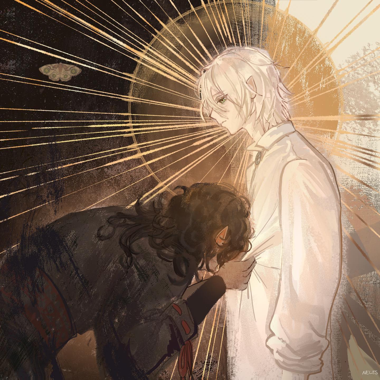 the artwork depicts two figures, a man and a woman, in a poignant embrace. the man, with long white hair and pointed ears, is dressed in flowing white clothing, bathed in a radiant golden light that emanates from behind him, resembling a halo.  the woman, with long dark brown hair and also with pointed ears, is dressed in dark clothing and seems to be pressing her face against the man's chest. her posture suggests sadness or deep affection. the background features dark strokes contrasted with the bright light focused on the man, enhancing the dramatic effect. a small moth is visible in the background adding to the mystical atmosphere. the overall style is soft and dreamy, yet carries a heavy emotional weight. the artistic style leans towards fantasy illustration with a delicate, almost painterly, digital execution.