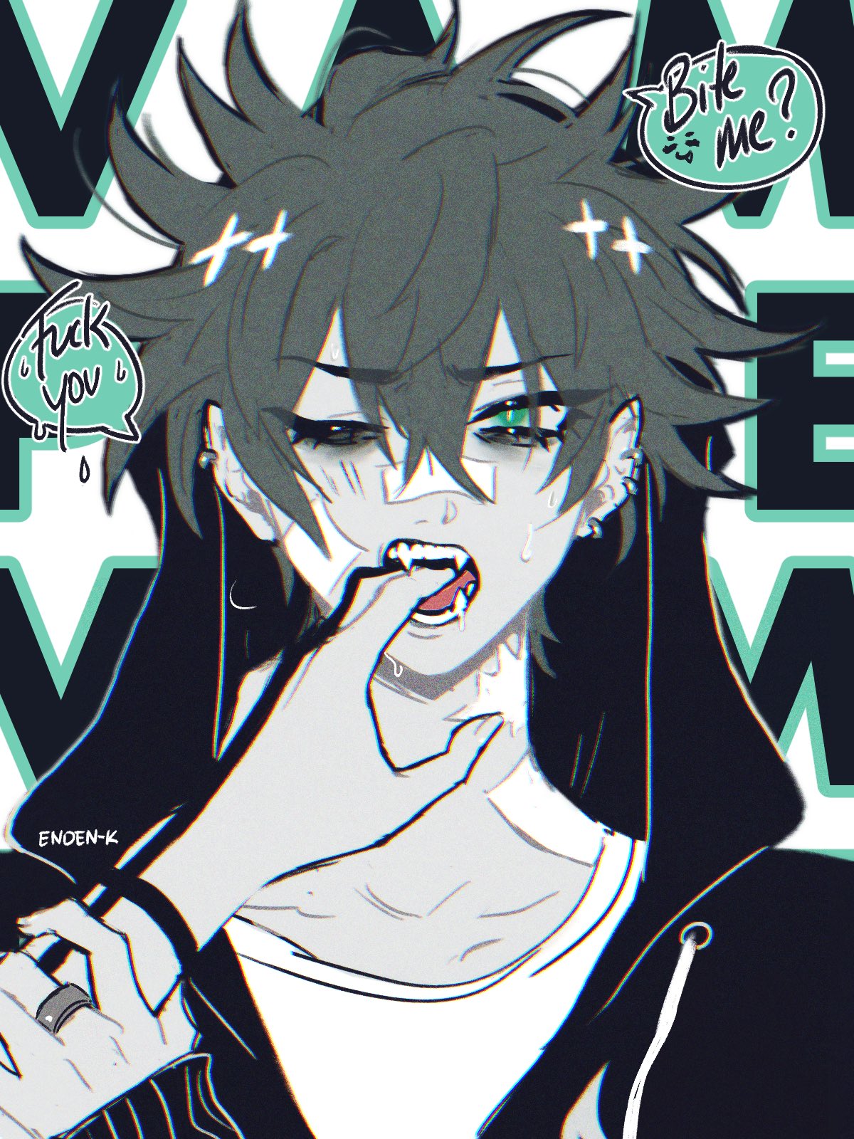 the image shows a  portrait of an anime boy. he has green eyes, black hair, and is wearing a white shirt and black hooded jacket. he has his hand on his face, and appears to be biting his finger. the image uses dark shadows and lighting, creating a mysterious and emo aesthetic.
