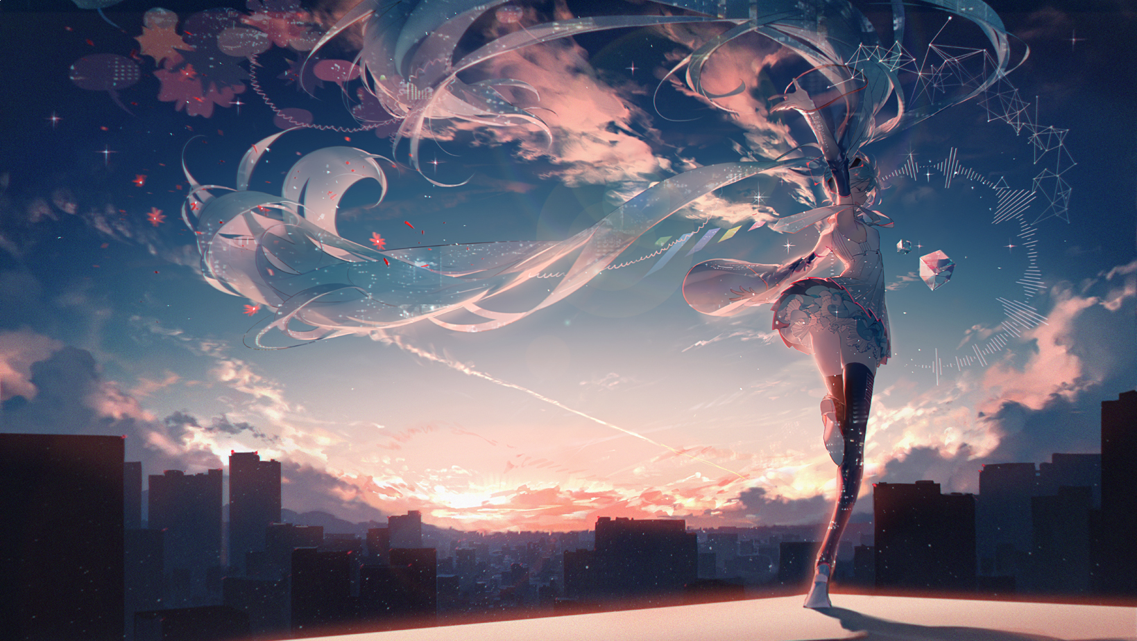 an animestyle illustration features a female character with long, flowing twin tails in a fantastical urban setting. the character, likely hatsune miku, stands against a vibrant sunset sky filled with clouds. the background includes a cityscape with dark silhouettes of buildings. geometric shapes and a music visualization element surround the character, enhancing the surreal and imaginative atmosphere of the digital artwork. the lighting and color palette create a sense of dreaminess and wonder.