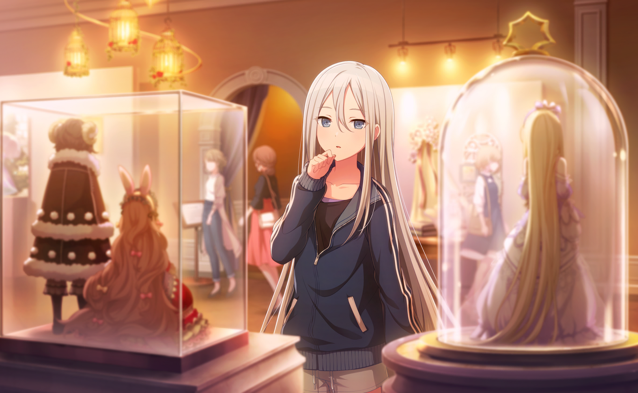 an animestyle girl with white hair and blue eyes is standing in a museum, looking thoughtfully at an exhibit of dolls displayed in glass cases. she's wearing a blue hoodie and seems to be observing the dolls closely. the museum interior is welllit, with lamps and decorative elements adding to the ambiance. other people can be seen in the background, also visiting the museum.