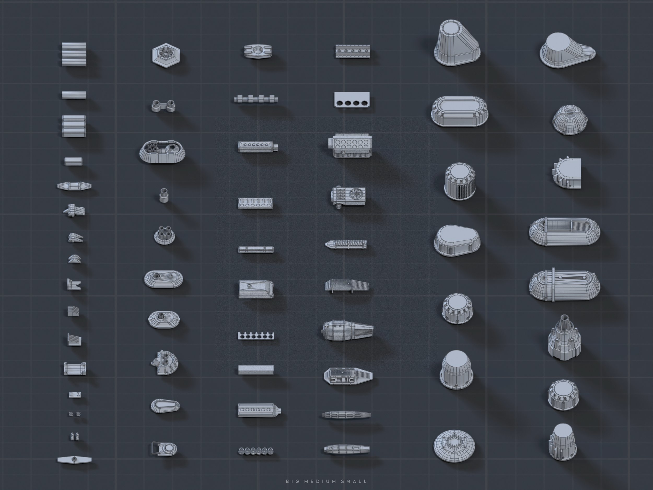 the image showcases a comprehensive blueprintstyle presentation of various 3dmodeled mechanical parts.  these parts are arranged in a grid, categorized by size (big, medium, small), illustrating different shapes and designs. each part is rendered in a consistent grey color against a dark grey grid background, giving a technical and detailed impression.  the image is highly organized and suggests a catalog of components potentially used in mechanical engineering or similar fields.  the overall style evokes a sense of precision and technical specification.