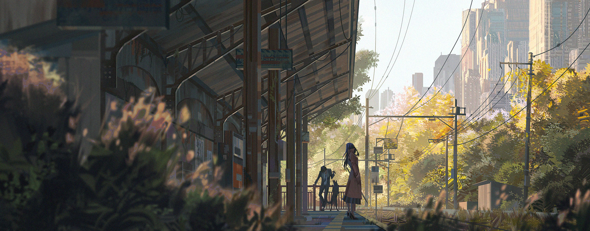 an anime style illustration of a futuristic cityscape. two anime girls stand outside a train station while looking up at the buildings, as if they're admiring the view. they both have a bright, cheerful disposition. the train station and surrounding buildings are made of steel, concrete, and glass. the city itself is busy and full of life, with cars, trains, and pedestrians moving about. trees line the streets and walkways, providing a welcome respite from the concrete jungle. the sky is a bright blue, and the sun is shining brightly, casting a warm glow over the city. the overall impression is one of vibrant energy and optimism.