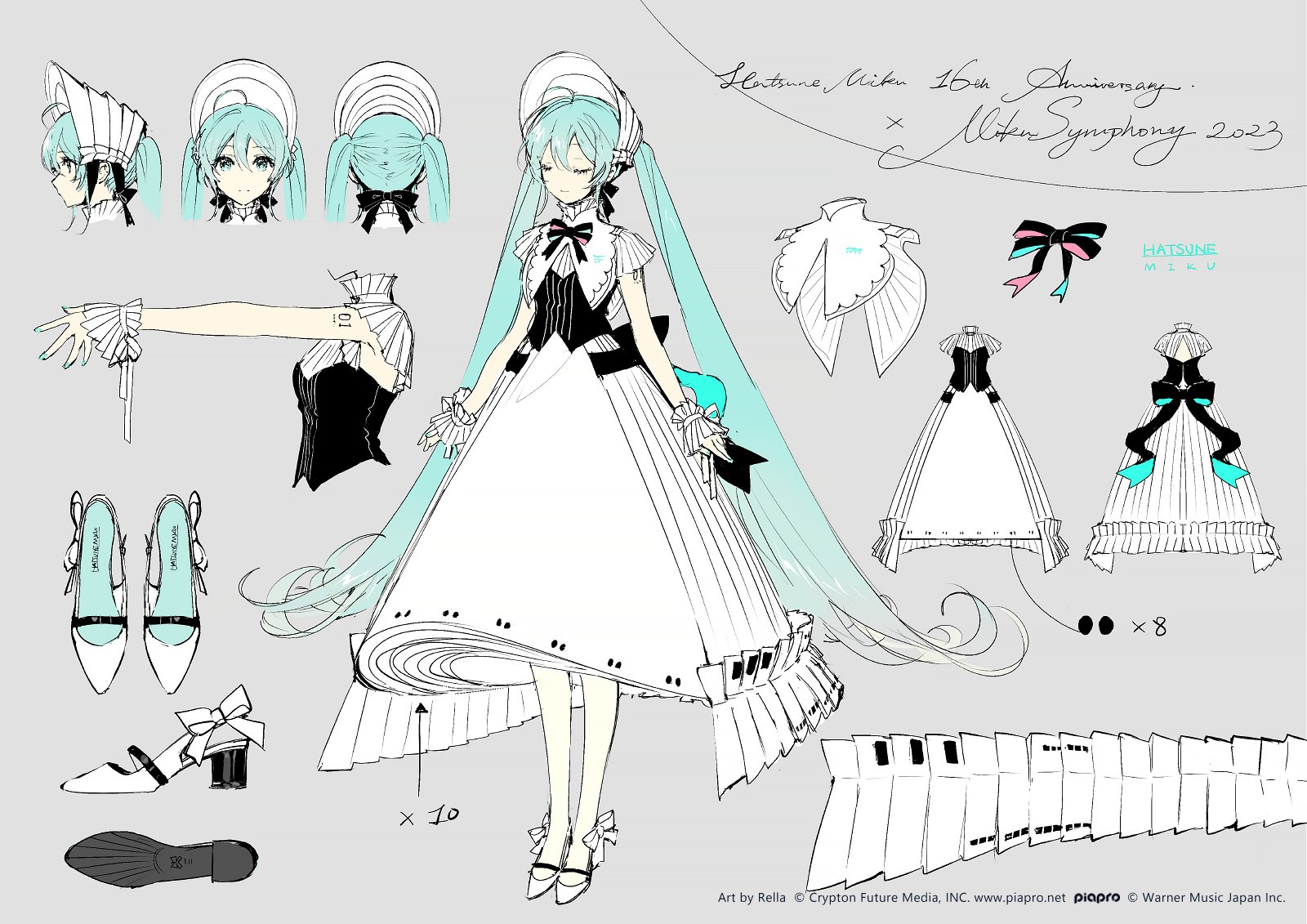 the image presents a character design concept for hatsune miku, themed around a musical symphony, for the 16th anniversary of hatsune miku and the miku symphony 2023. the design is animestyle and includes various sketches detailing the front, back, and side views of the character, along with closeups of her headwear, shoes, and dress elements such as ruffles and bows. the dress features a white base with black accents and musical references, like piano keys incorporated into the skirt's design. additional sketches show individual elements of the dress and the shoes with bow details. the artwork is credited to rella and includes copyrights from crypton future media, warner music japan inc., and piapro.