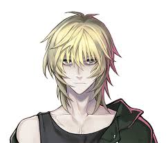 this is a digital illustration of an anime male character with blonde hair. he is wearing a black jacket with a hood and an expression that is serious, even cool. his eyes are closed, looking straight forward.