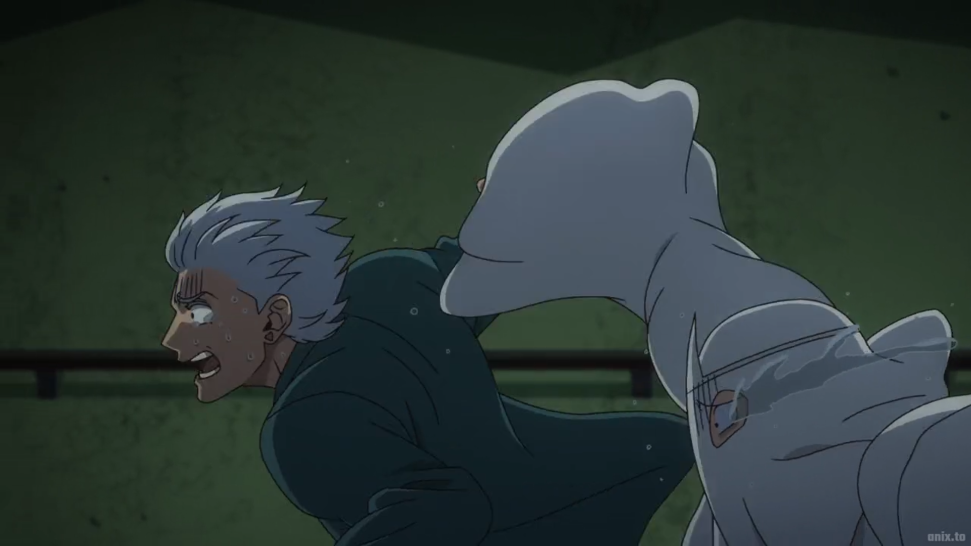 a man with silver hair and a teal jacket is being chased down a dark hallway by a large white monster. the man is looking back at the monster with a scared expression on his face. there are railings on either side of the hallway.  the walls are green and the lighting is dim.