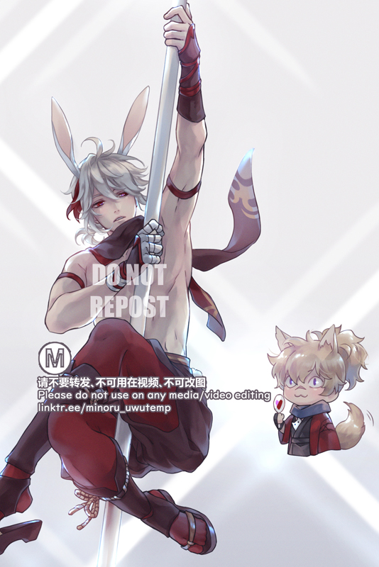the image shows a digital illustration of an anime character. he is a young man with white hair and bunny ears. he is wearing a red and black outfit and is holding onto a pole. he is in a dancing pose, with one leg raised. there is a small chibi character in the background, also wearing red and black. the image is done in a soft, pastel style.