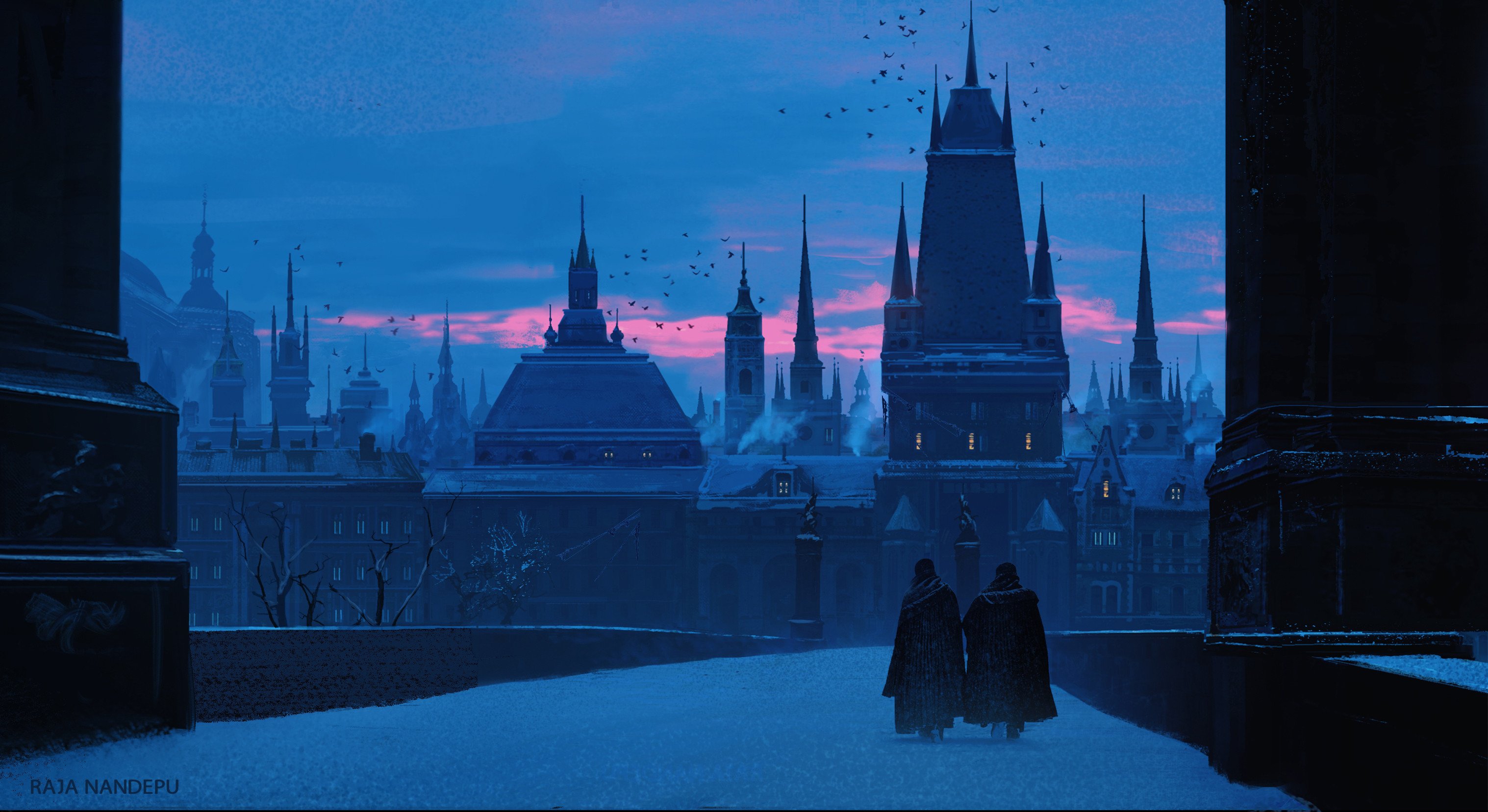 the image is a digital painting depicting a fantasy medieval cityscape at twilight. the city is covered in snow, and its gothic architecture is silhouetted against a twilight sky, displaying a cool blue and purplish hue.  two cloaked figures walk away from the viewer towards the city center, along what appears to be a snowcovered bridge or walkway.  birds fly in the darkening sky above.  the overall mood is serene, peaceful, and slightly mysterious. the style is painterly, creating a feeling of depth and atmosphere. the artist's name, raj nanddepu, is subtly visible in the bottom left corner.