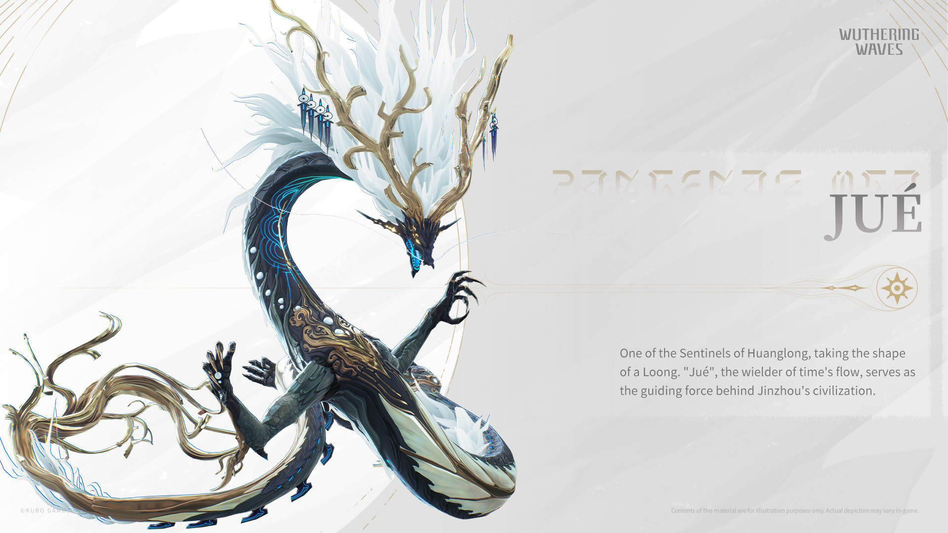 a digital illustration featuring a white and blue serpentine dragon, likely inspired by chinese mythology, against a light gray background. the dragon is adorned with elaborate antlers and flowing appendages, evoking a sense of elegance and power. text on the right side identifies the creature as "jué," a sentinel of huanglong and the "wielder of time's flow."