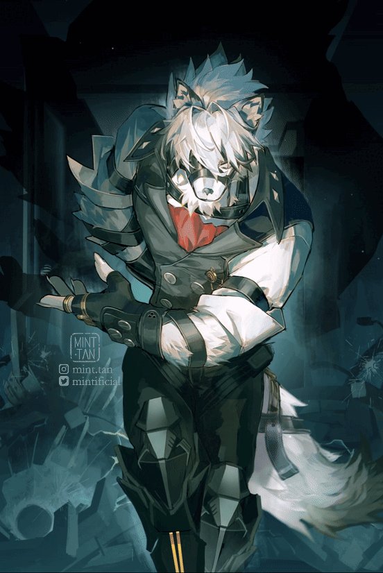 this is a digital art piece featuring a wolf anthro wearing a cyberpunk armor and a mask. he has white fur and white hair. the background is dark and futuristic, showing a city with a lot of cables and tech. the wolf anthro is posing in a dramatic way, showing off his powerful figure and stylish armor. the piece has a cool and badass style, with sharp lines and bold colors. the image is full of detail and tells a story of a strong and powerful character.
