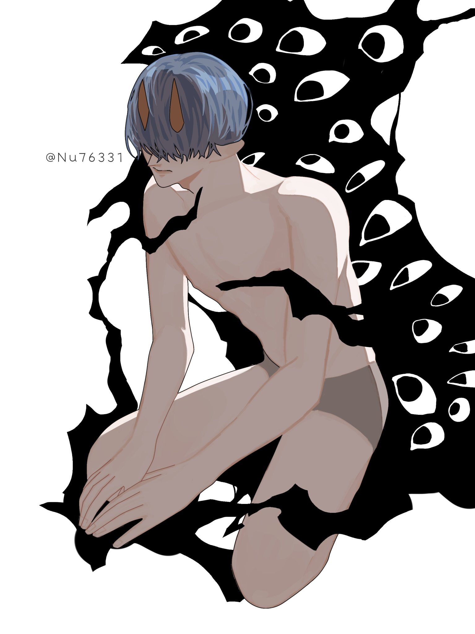 this is a digital illustration of an anime male character. he has blue hair, a black eye mask with horns and is sitting in a crouched position. the character is surrounded by a black mass with white eyes that appear to be watching him. the overall tone of the illustration is dark and surreal.