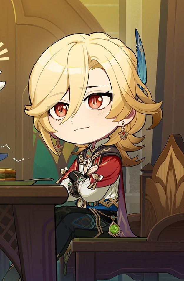 this is a digital fanart of albedo from genshin impact in a chibi style. he is depicted sitting at a table with his arms crossed, a smug expression on his face. he's wearing his signature outfit with a feather in his hair and ornate jewelry. the style is reminiscent of anime and manga. the background shows a glimpse of a fancy room.  there is a plate of food on the table next to him.