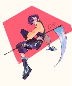 a stylized drawing of a person with short, purple hair and a mischievous expression, leaping through the air. they wear a yellow and black outfit with chunky boots, and hold a large, blue scythe. the background is a flat, warm pink. the art style is expressive and cartoonlike.