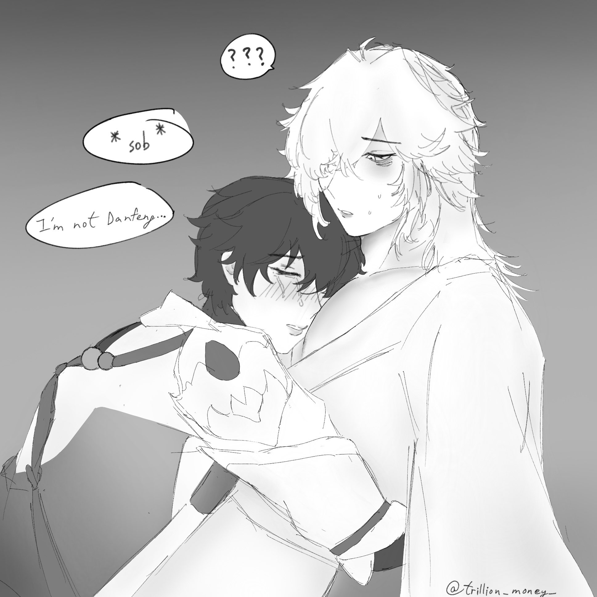 a black and white illustration of two anime characters. one with white hair is embracing the other one who has black hair. the character with black hair is crying, with a teardrop rolling down their cheek, while the character with white hair is holding the other one close and looking concerned.  there is a thought bubble above the whitehaired character that says "???", and a speech bubble above the character with black hair that says "sob" and another one that says "i'm not danfeng...". the background is simple, with just a plain gray color.  the illustration overall conveys a sense of sadness and comfort, with the whitehaired character trying to comfort the blackhaired character who is crying.