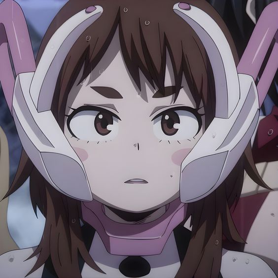 this is a digital illustration of a young woman with brown hair and large brown eyes, drawn in an anime style. she wears a white and pink helmet that covers her ears and the back of her head. her expression is one of concern or worry, with her eyebrows slightly furrowed and sweat visible on her brow. the lighting is soft and the color palette is muted, with shades of brown, pink, and white dominating the image. the overall effect is one of apprehension and unease.