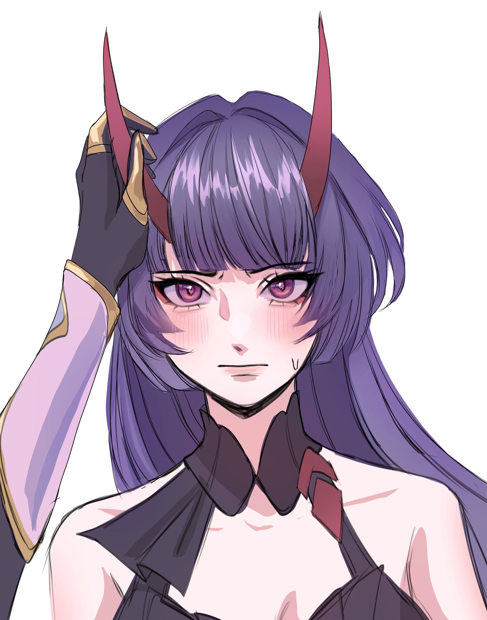 a drawing of an anime girl with long purple hair and red horns. she is blushing and looking at the viewer. the style is manga and digital art.