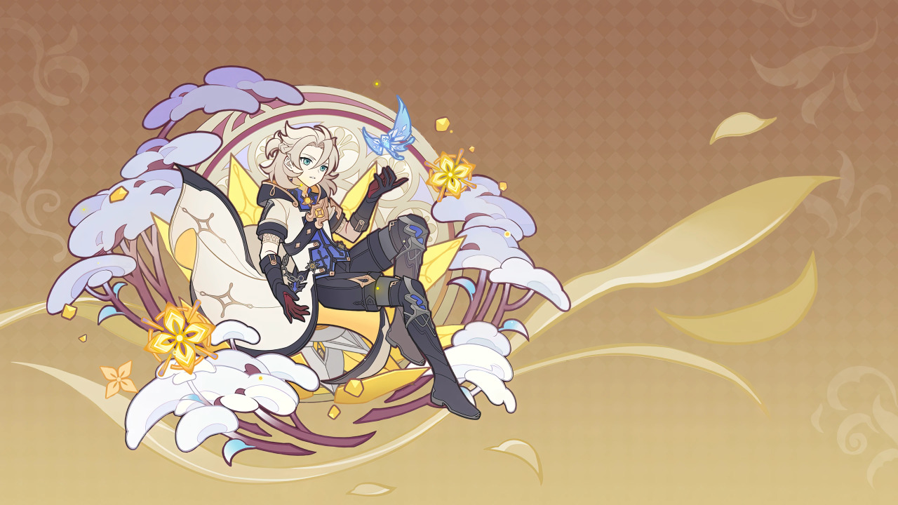 a digital illustration of albedo from genshin impact, a popular anime video game. he is a male character with white hair and blue eyes. he is dressed in a white shirt, black pants, and black boots. he is sitting on a white cloud with a blue butterfly flying above him. he is smiling and looking at the viewer. the background is a gold color with white clouds.