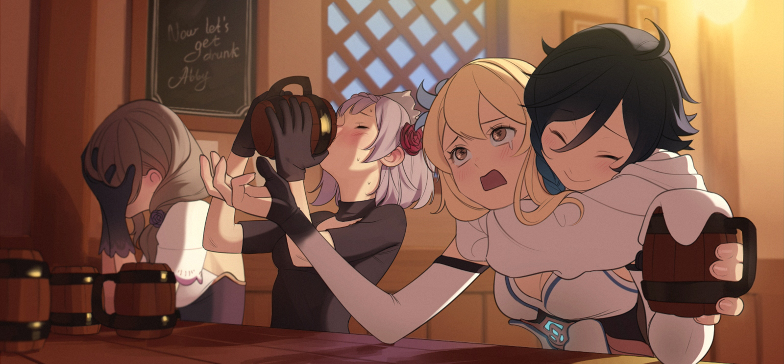 the image shows four female characters from the game genshin impact in a tavern setting. three of them appear to be drinking from large mugs, while one has her face in her hands, seemingly affected by the alcohol. the atmosphere is cheerful and lively, suggesting a night of fun and camaraderie.  the warm lighting and wooden interior further enhance the cozy and inviting ambiance of the tavern.
