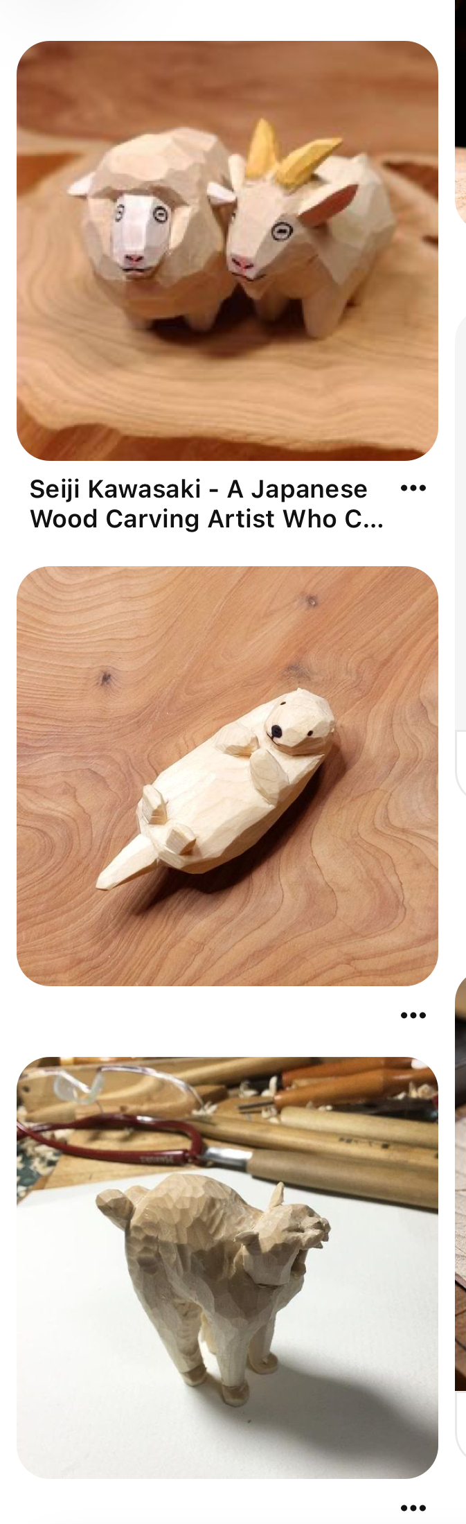 the images showcase the exquisite wood carvings of seiji kawasaki, a japanese artist renowned for his lifelike animal sculptures. each image captures a different animal carving, meticulously crafted from wood and radiating a sense of warmth and character. the top image depicts a sheep and a goat standing side by side, while the middle image features an adorable otter resting on its back. the bottom image showcases a charming cat captured in a playful pose. the artist's skill is evident in the intricate details and the lifelike expressions of each animal.