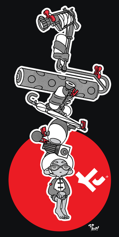 a cartoon character is depicted wearing a black and white chinese inspired outfit and white shoes. the character is standing on a red circle with the "fj" logo in white. they are holding a device that looks like a paint roller with several other pieces of equipment stacked on top. the background is black.