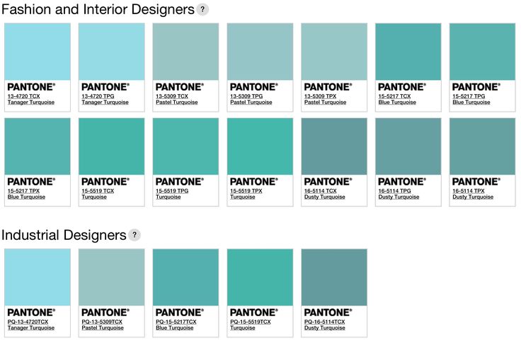 the image shows pantone color swatches for fashion and interior designers, and for industrial designers. the colors are variations of turquoise, ranging from light to dark and dusty tones.