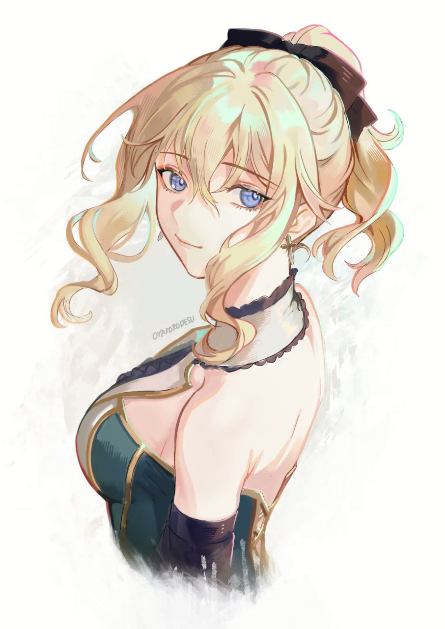 a digital illustration of an anime girl with blonde hair tied up in a ponytail with a black bow. she has bright blue eyes and is wearing a green and gold dress. she is smiling and looking towards the viewer. the background is a pale watercolor wash.