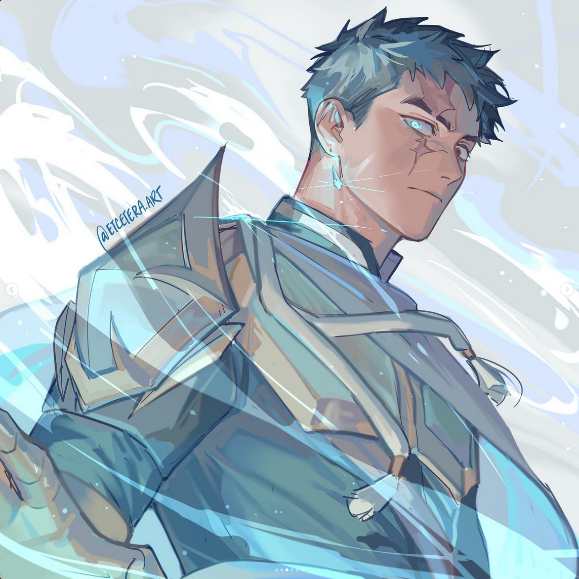a digital drawing of a young man with short dark hair and a scar across his face. he is wearing blue and white clothing with armor on his left shoulder, and there are blue, flamelike swirls around him, suggesting magic. the style is animeinfluenced.