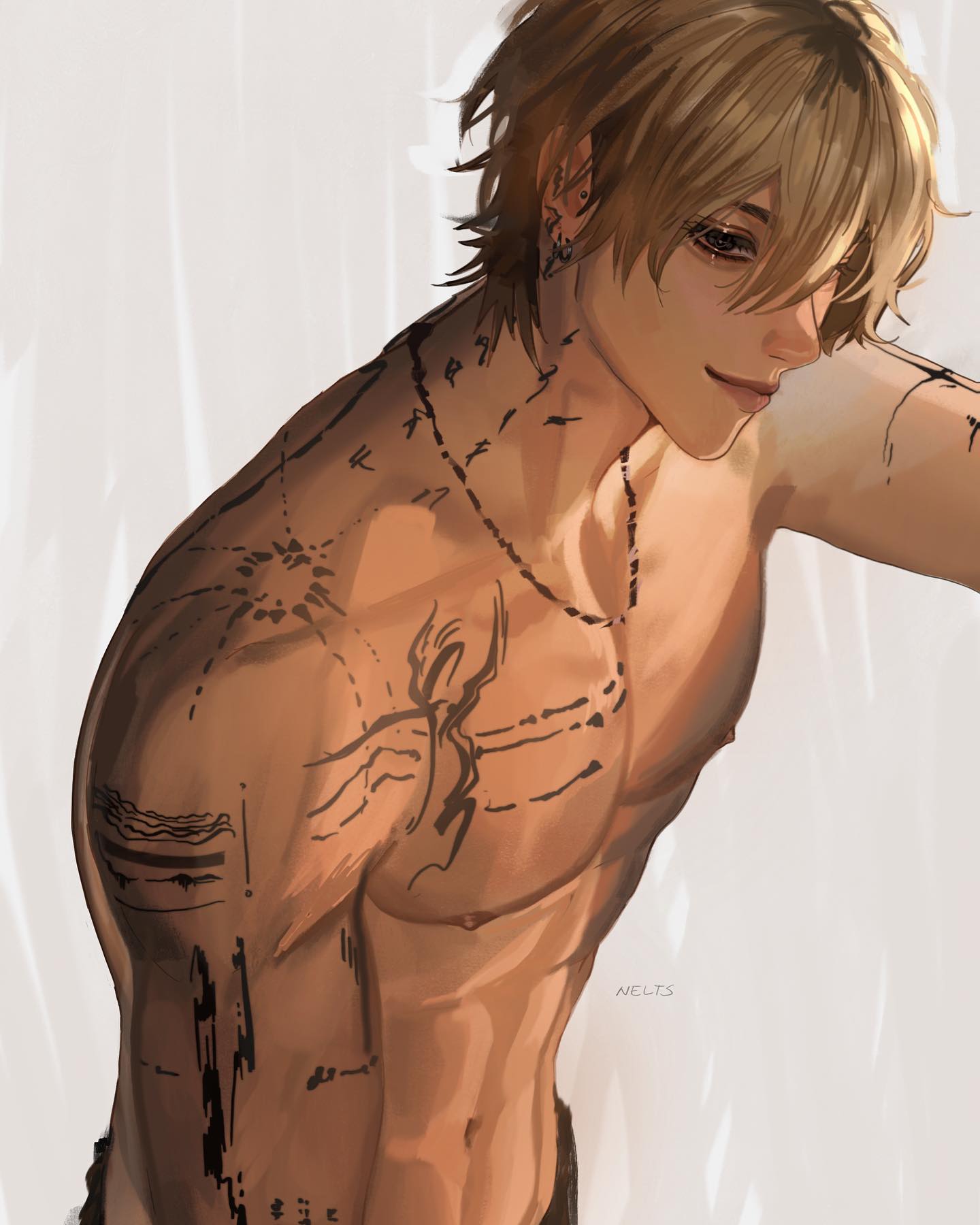 the image is a digital painting or illustration of a young, shirtless animestyle man with blond hair and numerous tattoos covering his chest and arms.  he has a relaxed and somewhat pensive expression, looking down. the art style is soft and slightly painterly, with a focus on realistic skin tones and textures. the background is a muted offwhite. the overall mood is serene and calm.