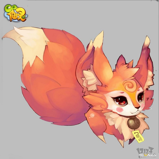 the image showcases a digital illustration of a stylized fox, potentially inspired by kitsune from japanese folklore. the fox is predominantly orange, with a large, fluffy tail. its eyes are large and expressive, and it wears a small, golden bell around its neck. the style is cute and whimsical, emphasizing the fox's charm.