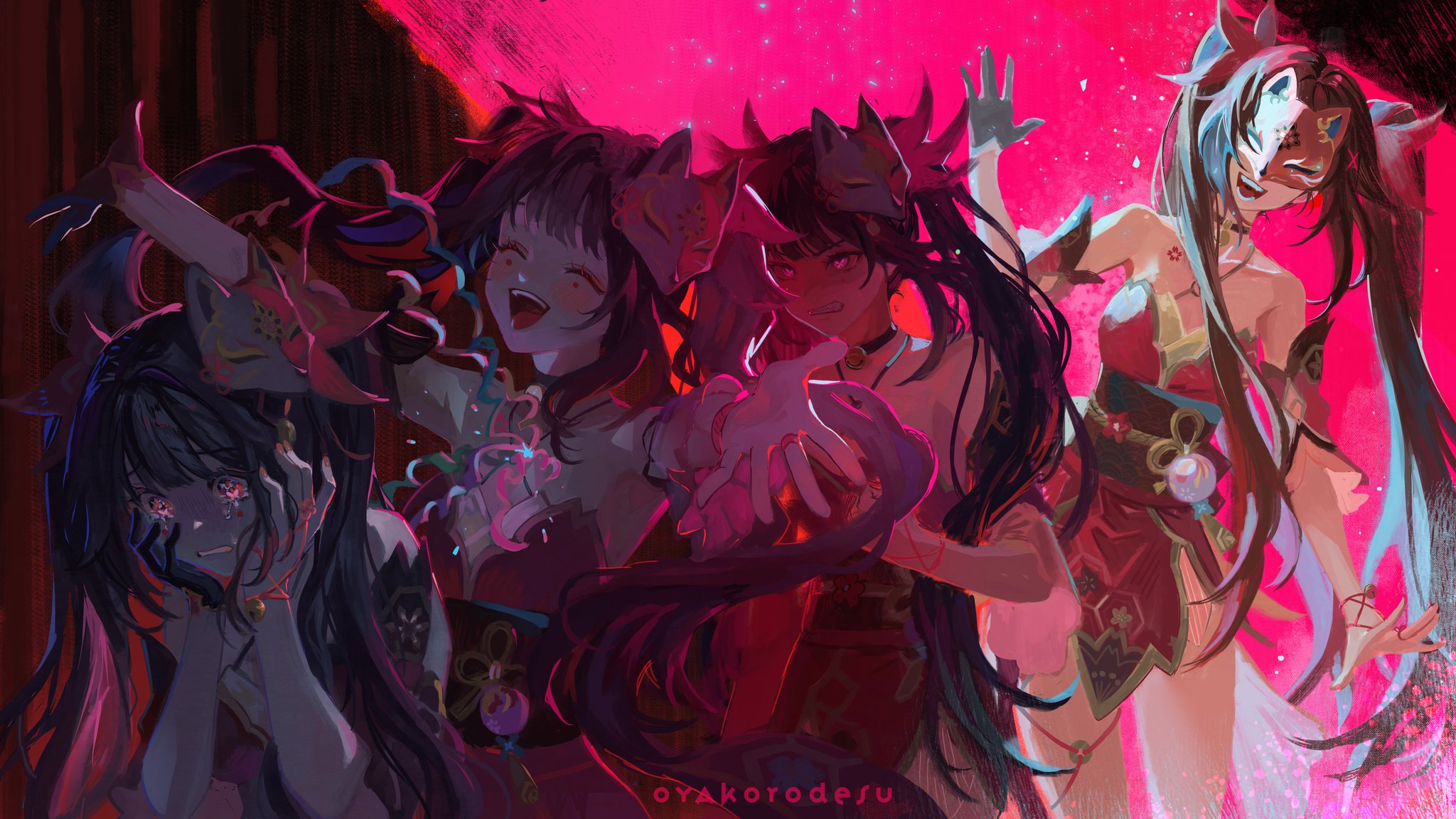 the illustration depicts four anime girls in colorful kimonos with intricate details, each displaying distinct emotions. the girl in the foreground with long black hair is crying, while the one with the vibrant red kimono is happily smiling with her eyes closed. another girl with purple hair and a pink kimono has a serious expression while holding out her hand, and the girl on the right with blue hair, a red kimono, and a mask is also smiling. the girls are situated in a bright pink background with sparkles, suggesting a celebration or festive atmosphere. the illustration suggests a story of mixed emotions and the complexities of human relationships.
