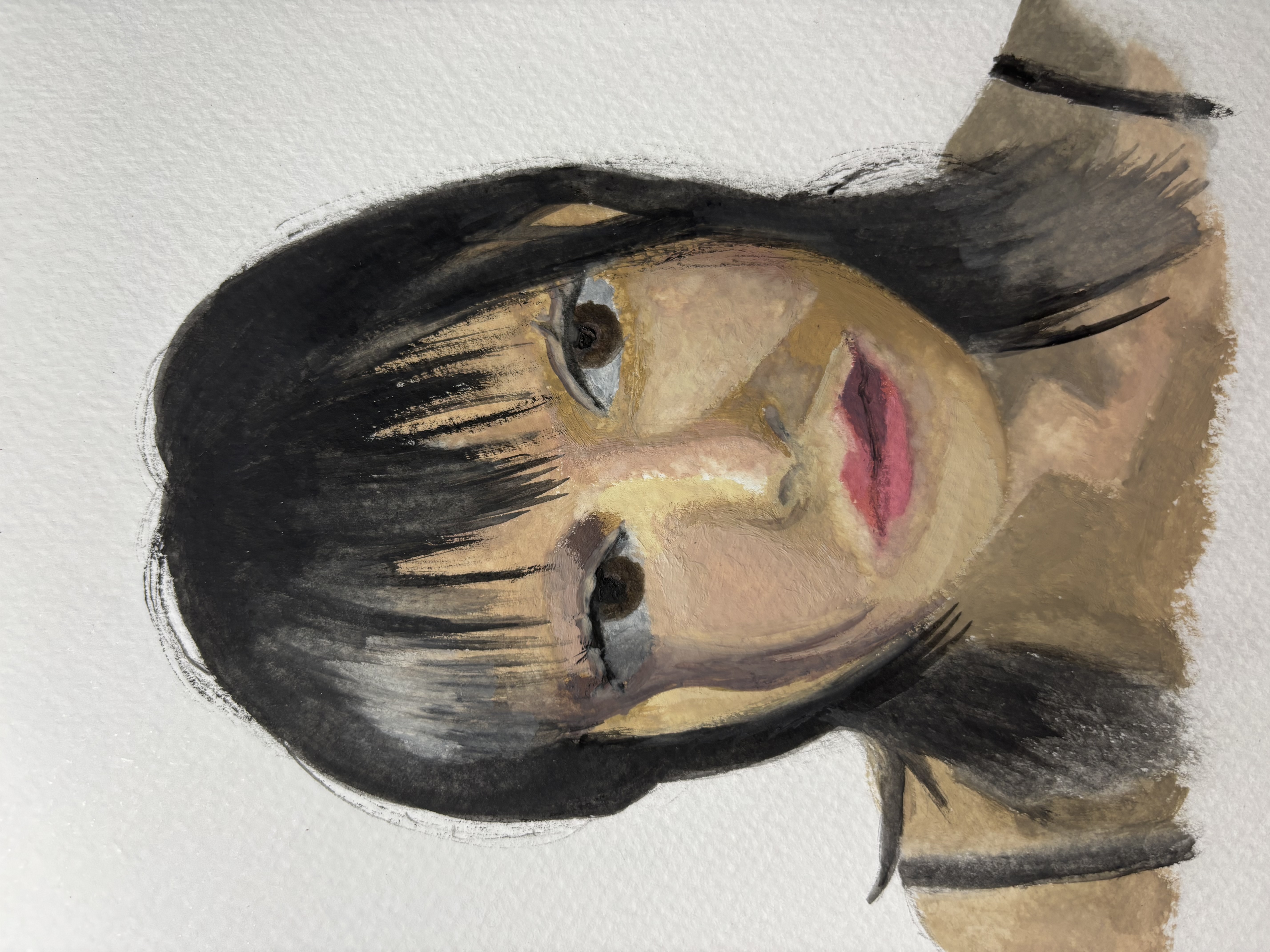 a watercolor portrait painting of a woman with short black hair and bangs, brown eyes, and pink lips. she is wearing a tank top. the painting is done with visible brushstrokes.