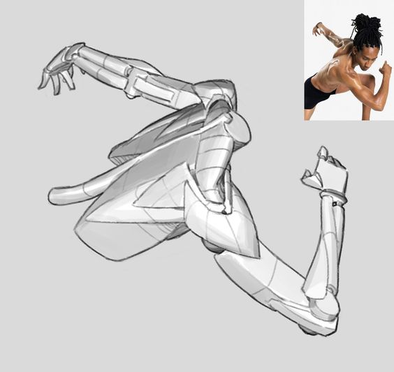 this is a digital drawing of a robot arm and hand. it is a sketch, done in black and white on a grey background. the arm is drawn in a dynamic pose, with the hand extended. the drawing is detailed and anatomical, showing the muscles and tendons of the arm. it is similar to the style of a design sketch for a robot or other mechanical device.