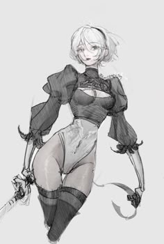 a sketch of an anime style woman, with white hair and a black outfit, wielding a sword.  she appears to be posed in mid action, with her sword raised.