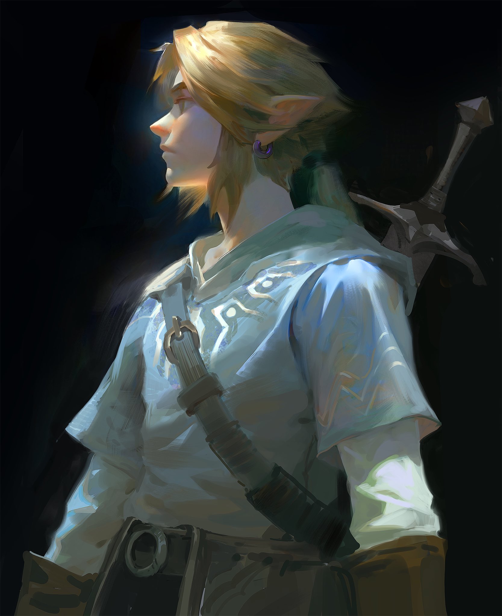 a digital illustration of link from the legend of zelda series. he is wearing his iconic blue tunic and brown leather belt, with his master sword strapped to his back. link has blonde, short hair and blue eyes. the image has a dark background and is created in a style reminiscent of anime and manga art.