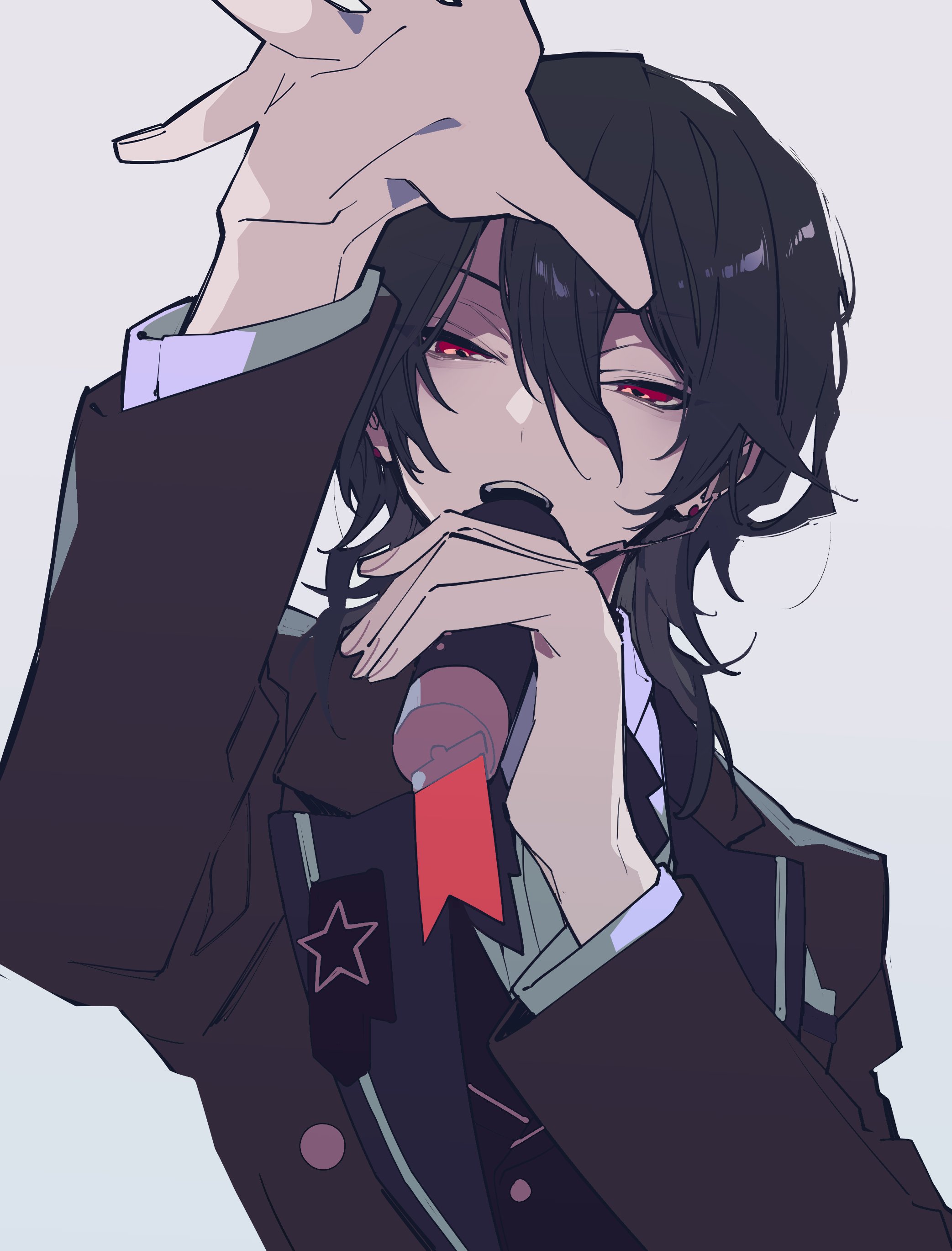 the image is a drawing of an animestyle character, a young male with black hair and striking red eyes. he's dressed in a dark suit adorned with a star detail, giving off a stage performer or musician vibe. he is holding a microphone up to his mouth, and one hand is raised over his head.