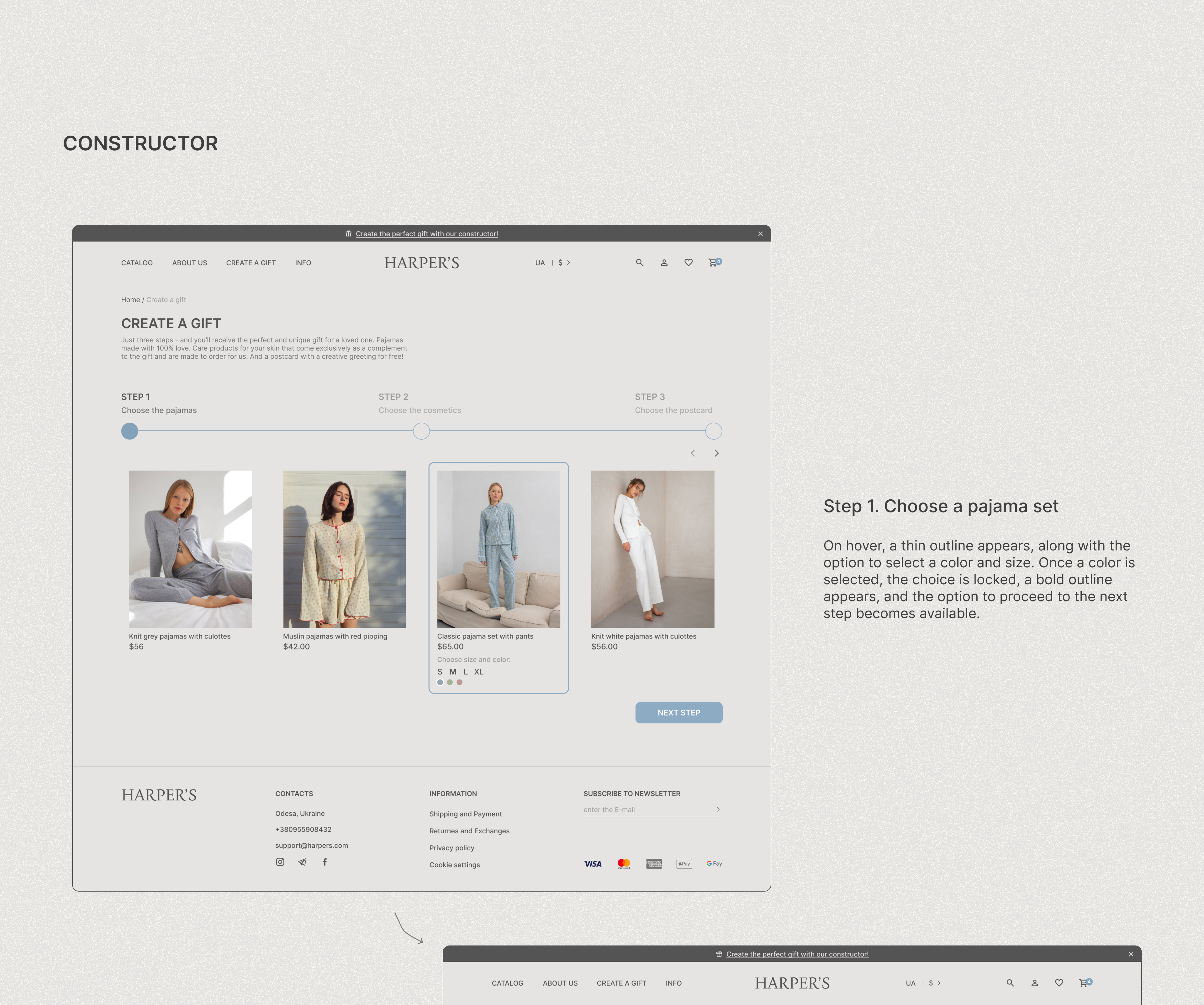 he image showcases a website mockup for an online gift shop called "harper's." the focus is on a "gift constructor" feature where users can create a personalized gift.  the mockup shows a stepbystep process for selecting items, specifically focusing on choosing a pajama set.  the design highlights interactive elements, such as hover effects showing color and size options, and the locking of a choice once selected.  the overall aesthetic is clean, minimalist, and modern.  the mockup includes sections for product display, contact information, payment options, and a newsletter signup. there are two different views of the website shown.