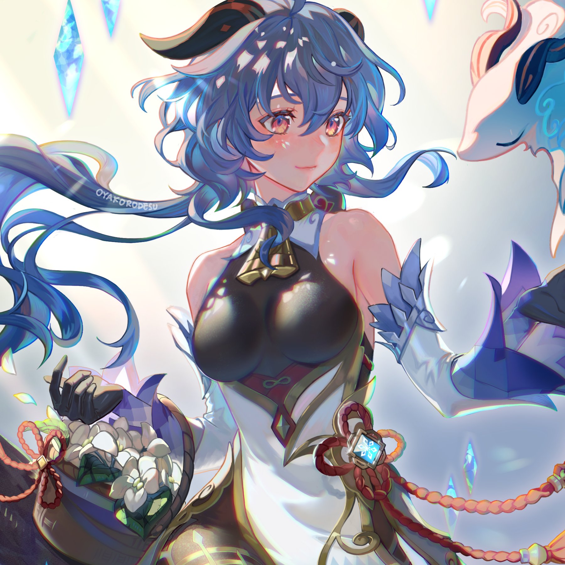 a closeup illustration of yae miko, a character from the popular video game genshin impact. she's shown in her foxlike form, with whiteandgold clothing, and her blue hair flowing around her, with fox ears. she's smiling with a gentle expression.  the background is hazy and colorful.