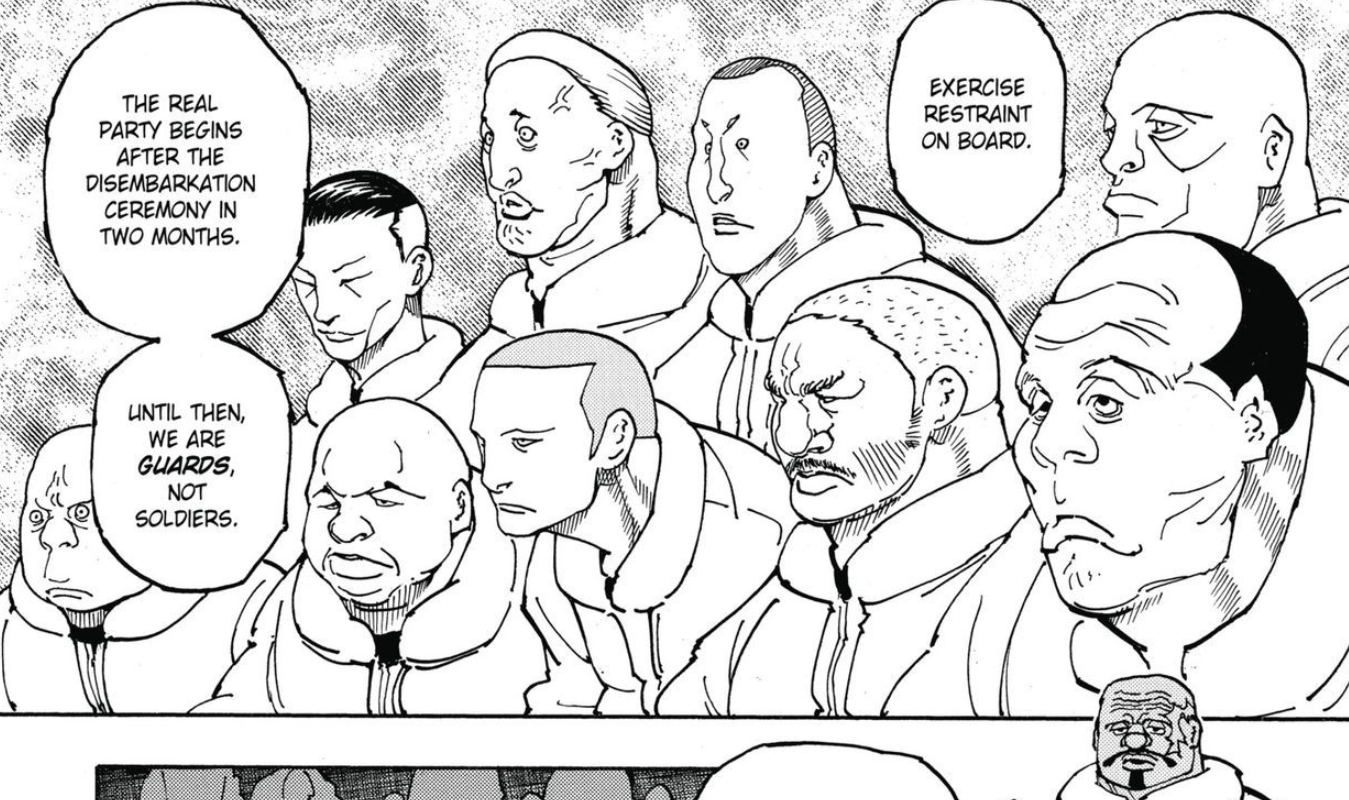 a black and white comic panel showing a group of men, all with serious expressions, are gathered together. the text bubbles indicate they are guards on a ship and are being told to "exercise restraint" until after the "disembarkation ceremony" in two months, when the "real party begins". the men have a variety of facial features, with some having scars or other markings. the overall tone of the panel is tense and serious.