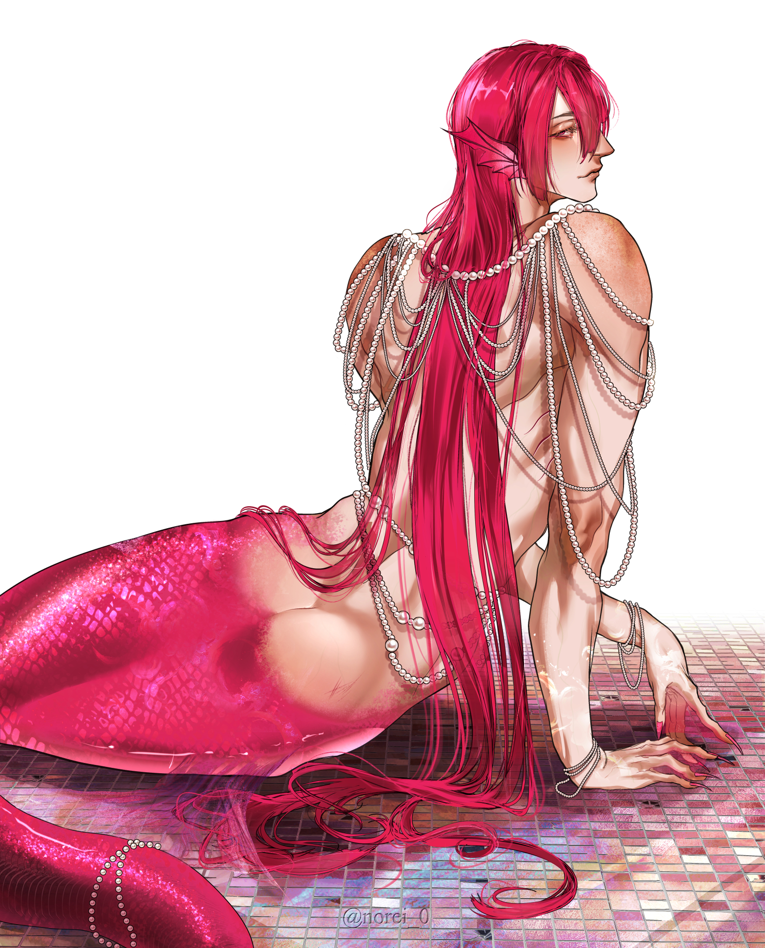 an illustration of a male mermaid with long red hair. he is wearing a pearl necklace and bracelet and has a pink tail and scales. he is looking to the right side of the image and is lying on his stomach. he is positioned on a tiled floor. the illustration is drawn in a style similar to anime.