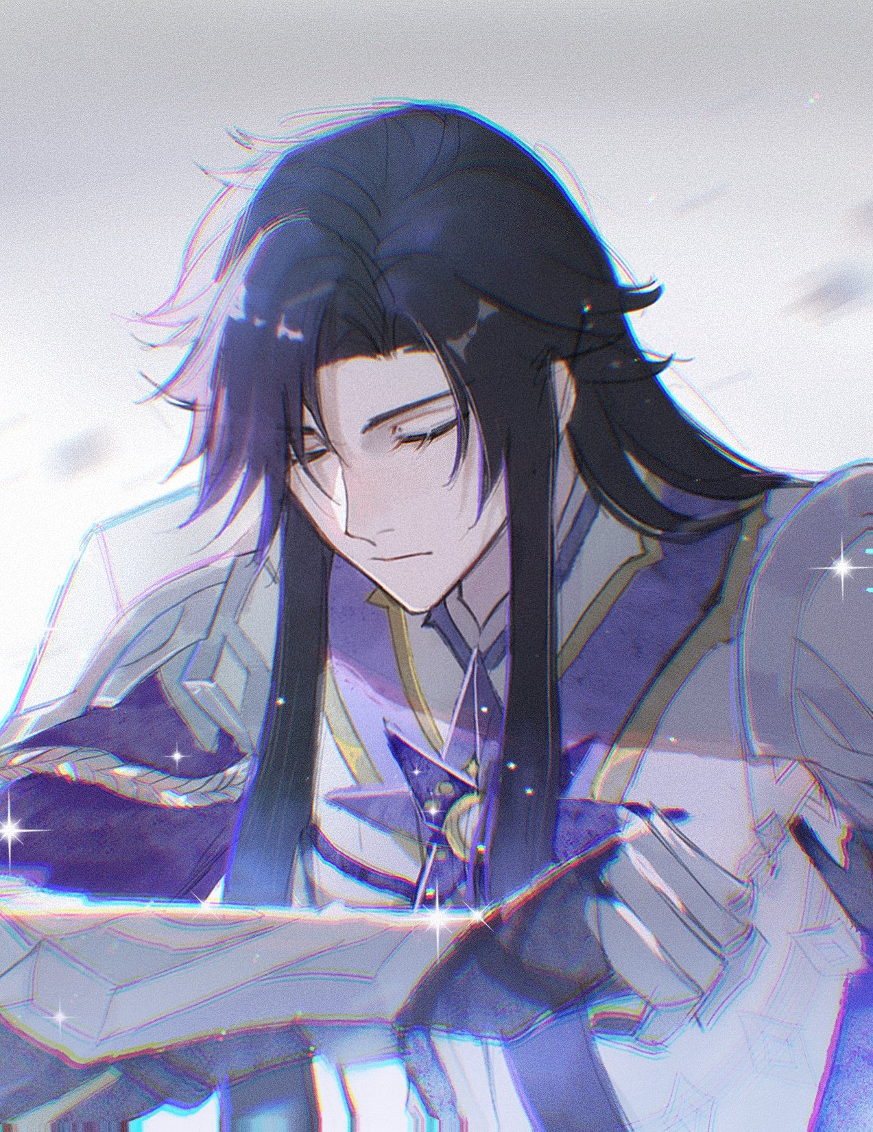 the image is a digital fan art illustration of a young animestyle male character. he has long, dark hair with hints of purple, and his expression is serene, almost melancholic. he is dressed in elaborate, elegant clothing that incorporates elements of armor, mostly in shades of purple, white, and blue. the overall style is dreamy and ethereal, with soft lighting and a subtle use of glitter effects. the character appears to be in a thoughtful or reflective mood. the art style is detailed and polished, showcasing a good understanding of anatomy, clothing, and lighting.