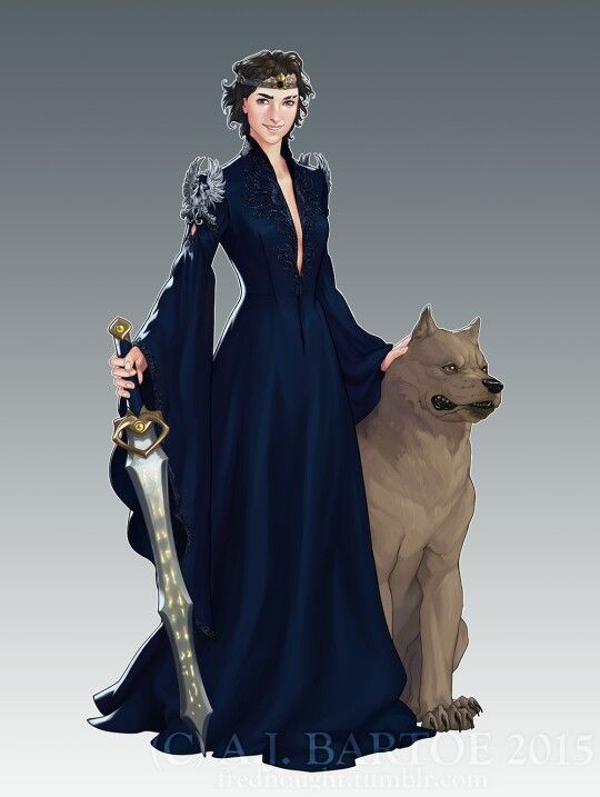 a digital painting of a fantasy queen or princess. she is a young woman with short dark hair, wearing a long, dark blue gown with intricate detailing. she holds a sword and stands next to a large, light brown wolflike creature. the style is reminiscent of fantasy artwork often seen in rpgs and video games.  the background is a simple, neutral gray. the artist's signature and year are visible at the bottom.