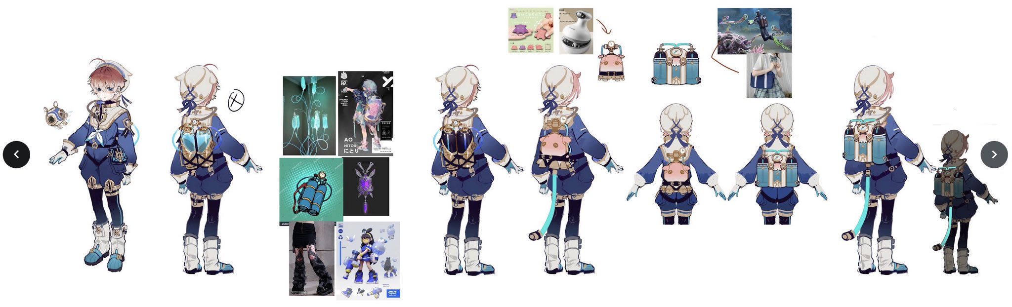 this is a concept art illustration of an anime character. the character is a young female with short white hair and brown eyes. she is wearing a blue and white diving suit with a backpack and a tank on her back. she is also wearing a white helmet and has a white scarf. she is holding a pipe with a glowing light at the end. the image shows the character from three different angles: front, side, and back. the character is illustrated in a digital cartoon style.