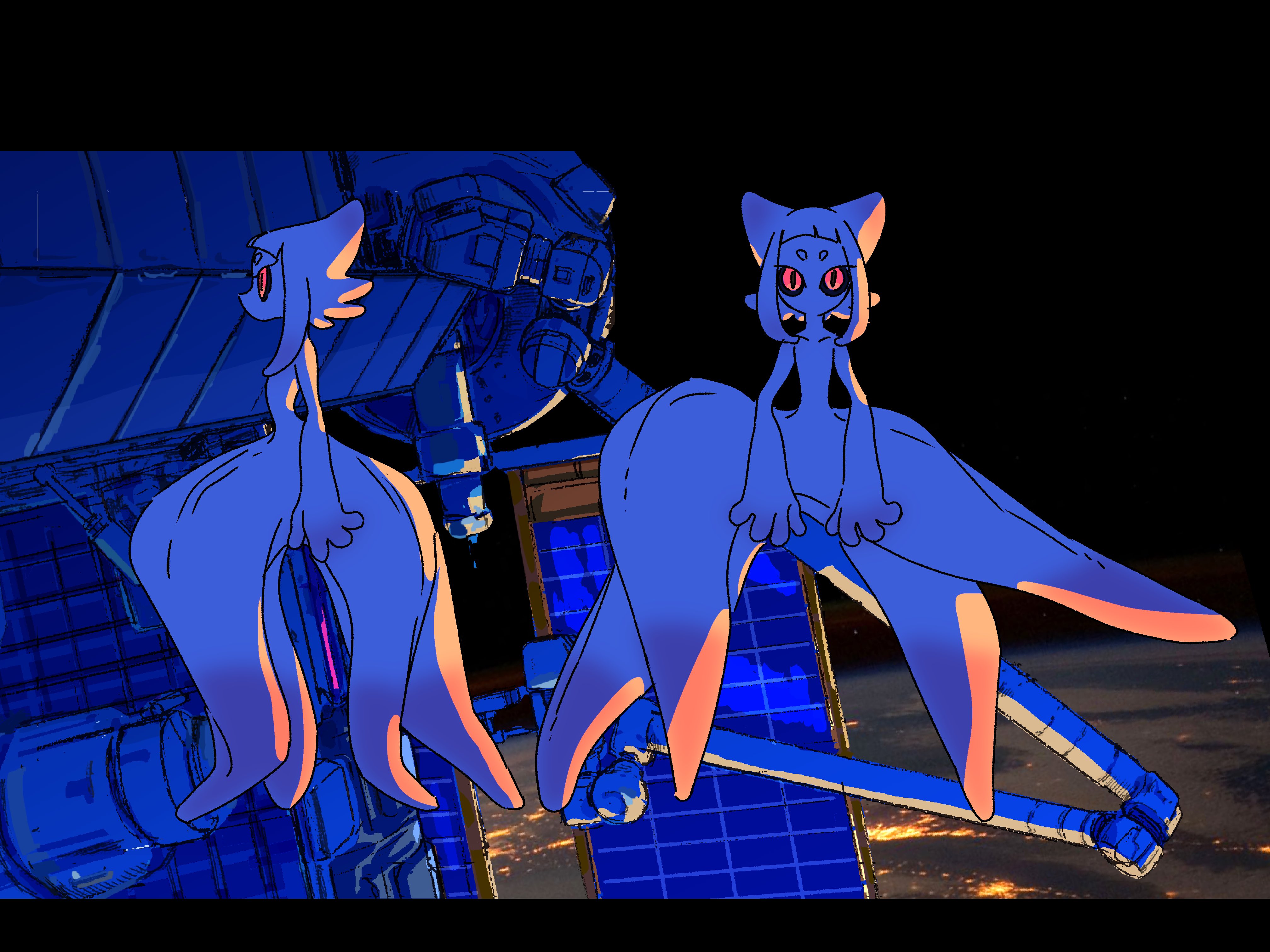 the image depicts two unsettling, elongated alien creatures against the backdrop of space and a partially visible space station. the creatures have smooth, dark blue skin, large, pointed ears, and glowing pink eyes that contribute to their eerie appearance. the earth's atmosphere is visible below, illuminated by a warm orange and yellow glow of a setting or rising sun. the scene is bathed in dramatic lighting, highlighting the creatures and the technological elements of the space station while emphasizing the vastness and mystery of space.
