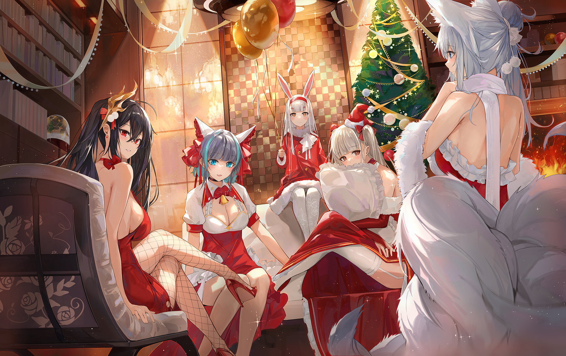 n animestyle illustration depicting five young women dressed in festive christmas attire. the scene is set in a cozy room adorned with christmas decorations, including a decorated christmas tree and balloons.  the women are positioned around a sofa and armchair, displaying a range of expressions from cheerful smiles to subtle glances. their attire is predominantly red and white, with elements of fantasy such as bunny ears and a fox tail incorporated into the design. the art style is detailed, with a focus on soft, appealing lighting and textures. the overall mood suggests a joyous and festive gathering.