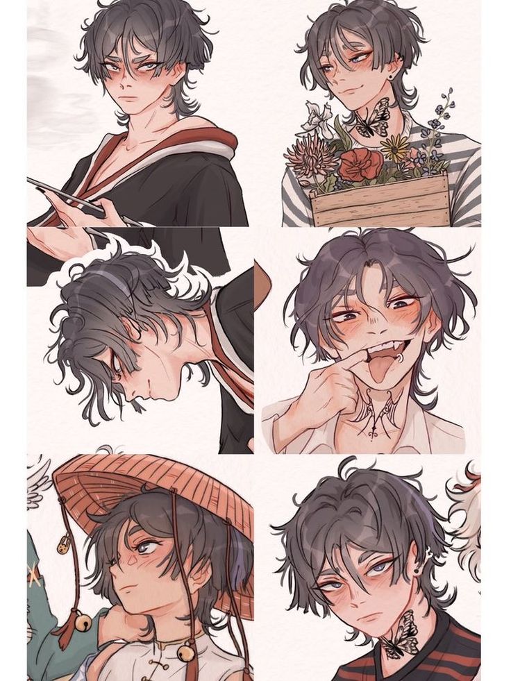 the image is a collection of six digital illustrations, each showcasing a different aspect or expression of the same animestyle male character. the art style is soft and pasteltoned, with detailed features and clothing.  different poses and expressions are shown, ranging from calm and neutral to playful and slightly mischievous.  some illustrations include additional elements such as flowers, a hat, and butterflies. the overall aesthetic is cute and stylish.