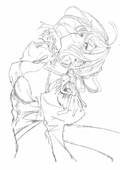 this is a black and white line art drawing of two anime characters. the female character is dressed in a long coat with a high collar, and a bow at the neck. she is in a romantic pose, with her arm around the other character's neck. the image is stylized with delicate lines. it gives the impression of a loving couple, with the female character being the dominant one.